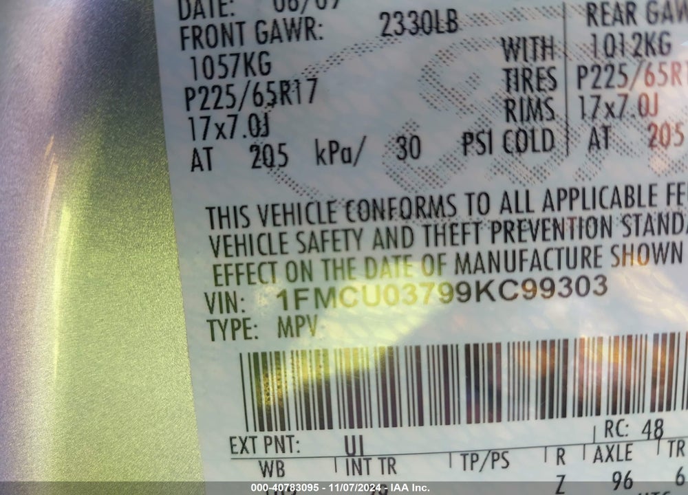 2009 FORD ESCAPE XLT VIN: 1FMCU03799KC99303