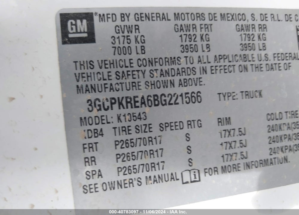 2011 CHEVROLET SILVERADO 1500 LS VIN: 3GCPKREA6BG221566