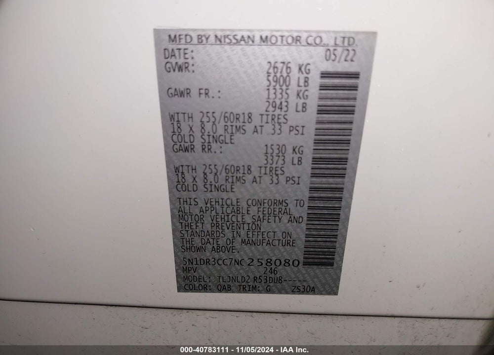 2022 NISSAN PATHFINDER SL 4WD VIN: 5N1DR3CC7NC258080