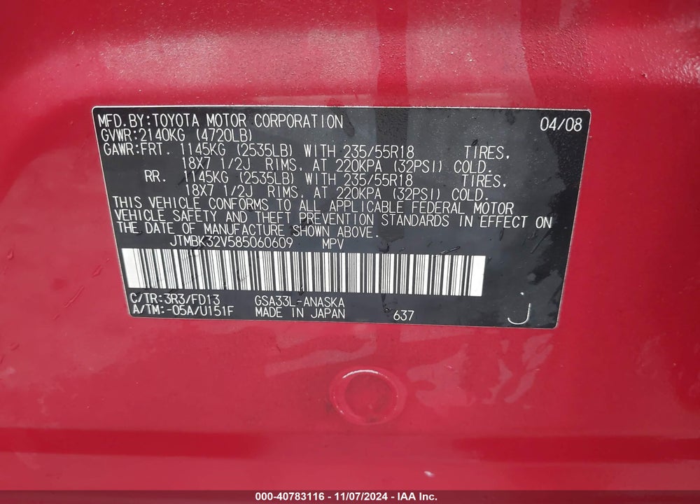 2008 TOYOTA RAV4 SPORT V6 VIN: JTMBK32V585060609