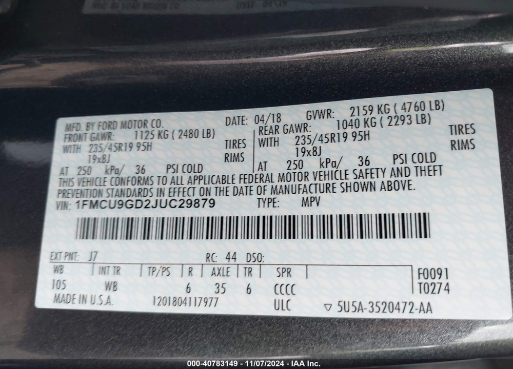 2018 FORD ESCAPE SE VIN: 1FMCU9GD2JUC29879