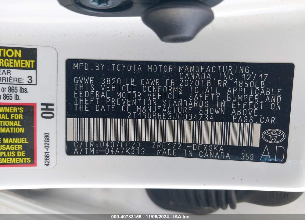2018 TOYOTA COROLLA SE VIN: 2T1BURHE3JC034734