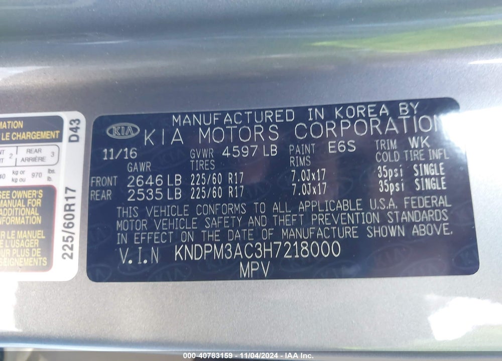 2017 KIA SPORTAGE LX VIN: KNDPM3AC3H7218000