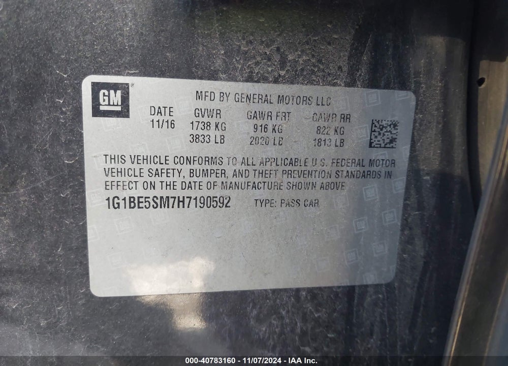 2017 CHEVROLET CRUZE LT AUTO VIN: 1G1BE5SM7H7190592