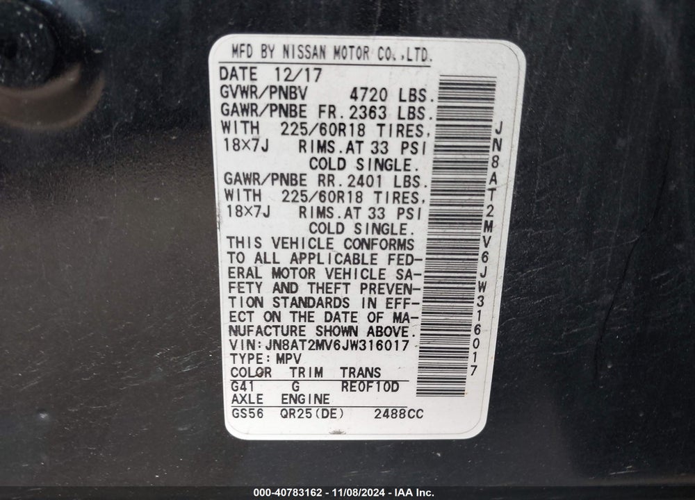 2018 NISSAN ROGUE SL VIN: JN8AT2MV6JW316017