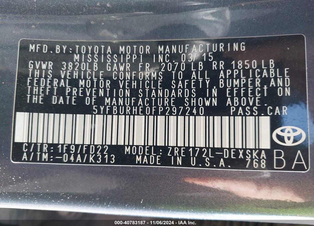 2015 TOYOTA COROLLA S PLUS VIN: 5YFBURHE0FP297240