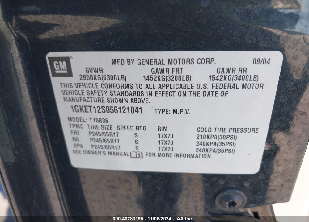 2005 GMC ENVOY XUV SLE VIN: 1GKET12S056121041
