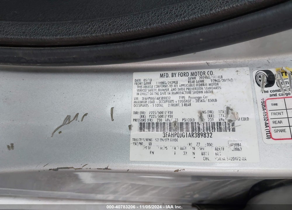 2010 FORD FUSION VIN: 3FAHP0JG1AR389832
