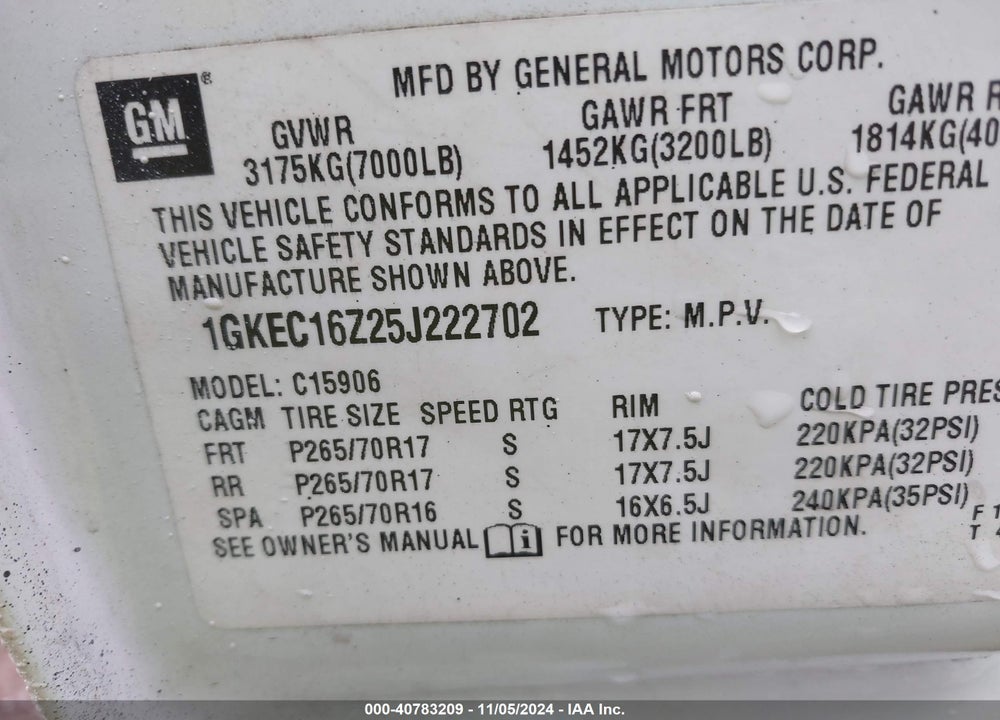 2005 GMC YUKON XL 1500 SLT VIN: 1GKEC16Z25J222702