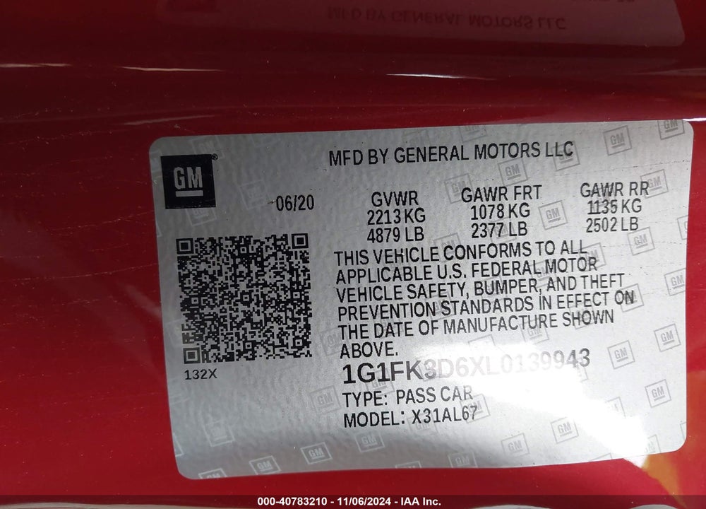 2020 CHEVROLET CAMARO RWD ZL1 VIN: 1G1FK3D6XL0139943