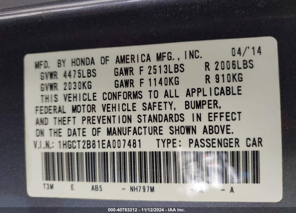 2014 HONDA ACCORD EX-L V-6 VIN: 1HGCT2B81EA007481