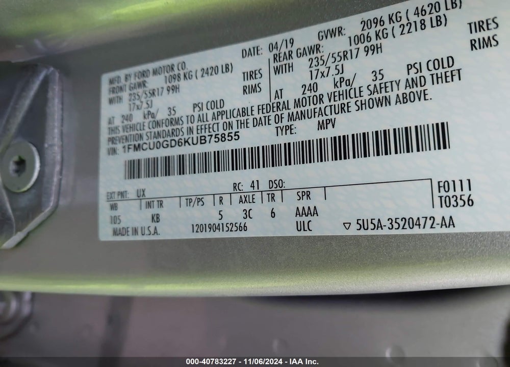 2019 FORD ESCAPE SE VIN: 1FMCU0GD6KUB75855