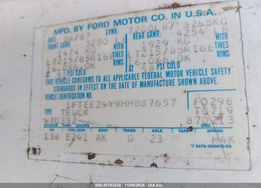 1987 FORD ECONOLINE E250 VAN VIN: 1FTEE24Y9HHB87657