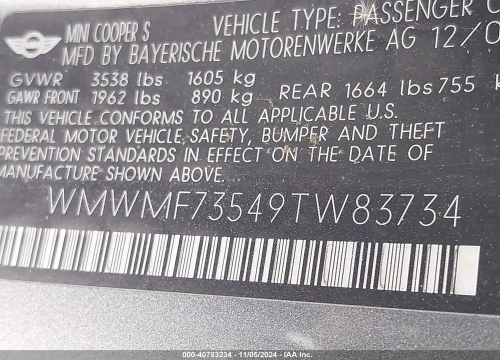 2009 MINI COOPER S VIN: WMWMF73549TW83734