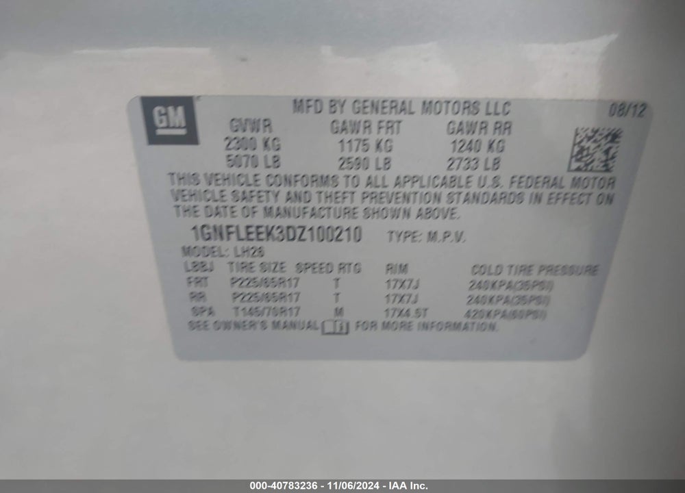 2013 CHEVROLET EQUINOX 1LT VIN: 1GNFLEEK3DZ100210