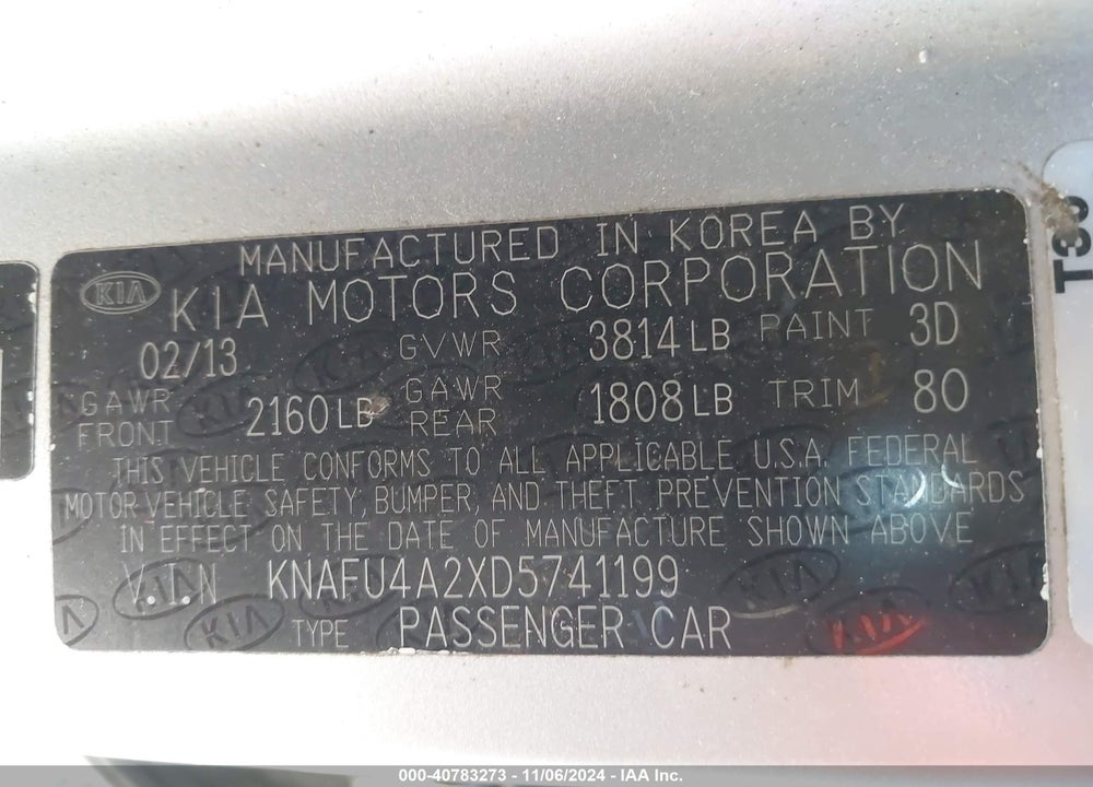 2013 KIA FORTE EX VIN: KNAFU4A2XD5741199