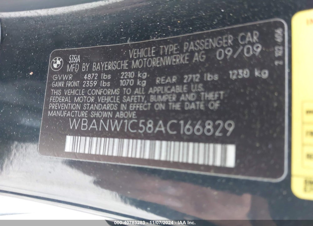 2010 BMW 535I VIN: WBANW1C58AC166829