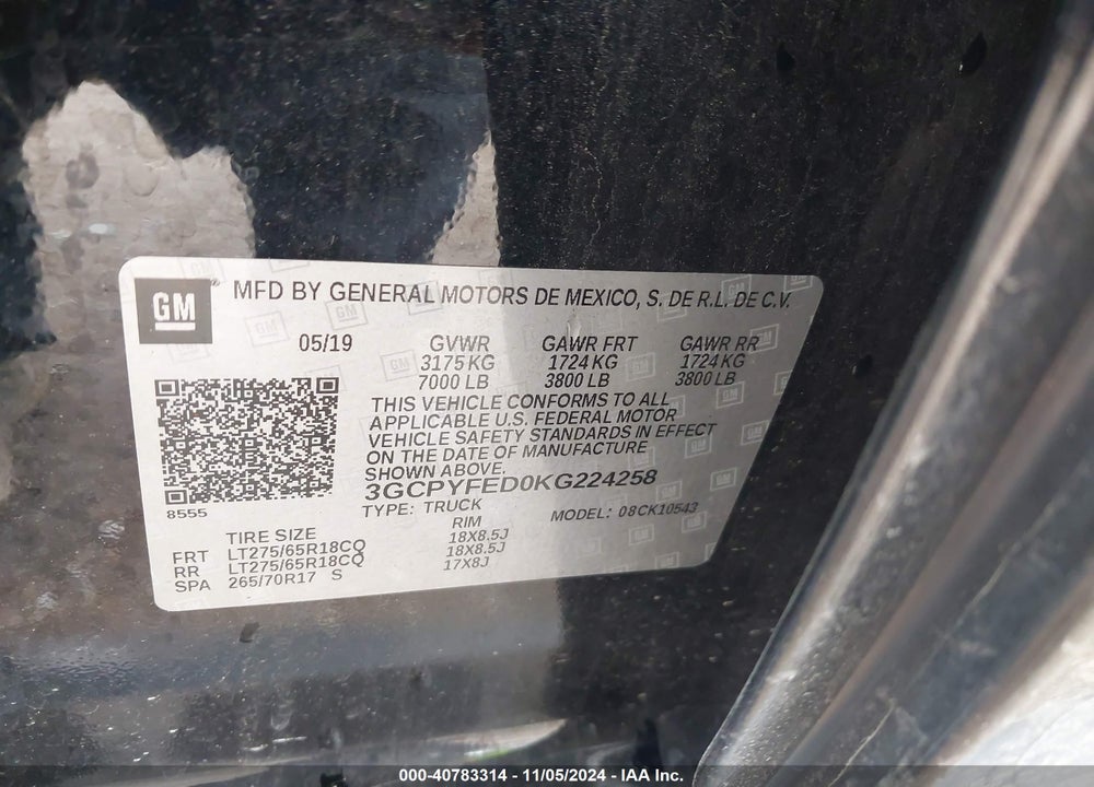 2019 CHEVROLET SILVERADO 1500 LT TRAIL BOSS VIN: 3GCPYFED0KG224258