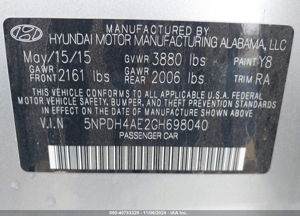 2016 HYUNDAI ELANTRA SE VIN: 5NPDH4AE2GH698040