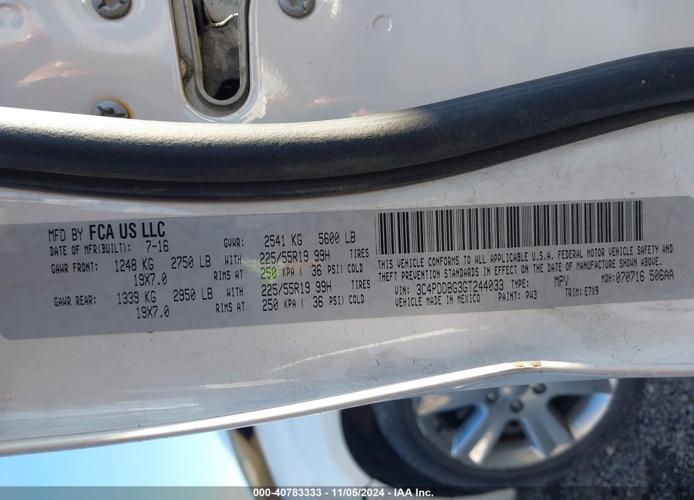 2016 DODGE JOURNEY SXT VIN: 3C4PDDBG3GT244033