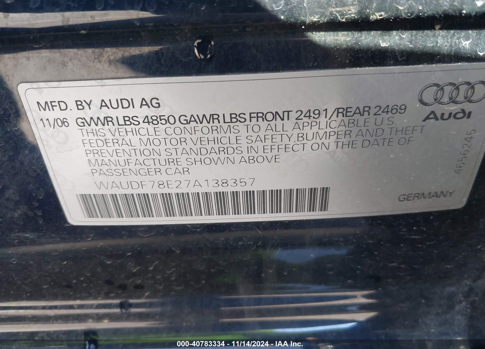 2007 AUDI A4 2.0T VIN: WAUDF78E27A138357