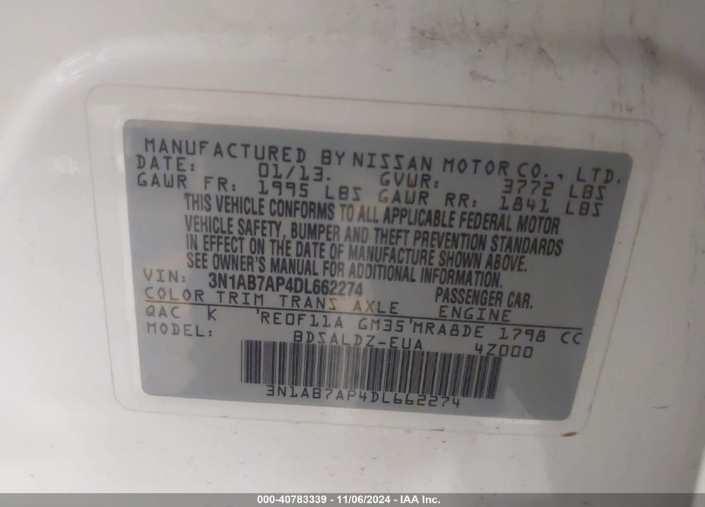 2013 NISSAN SENTRA SV VIN: 3N1AB7AP4DL662274