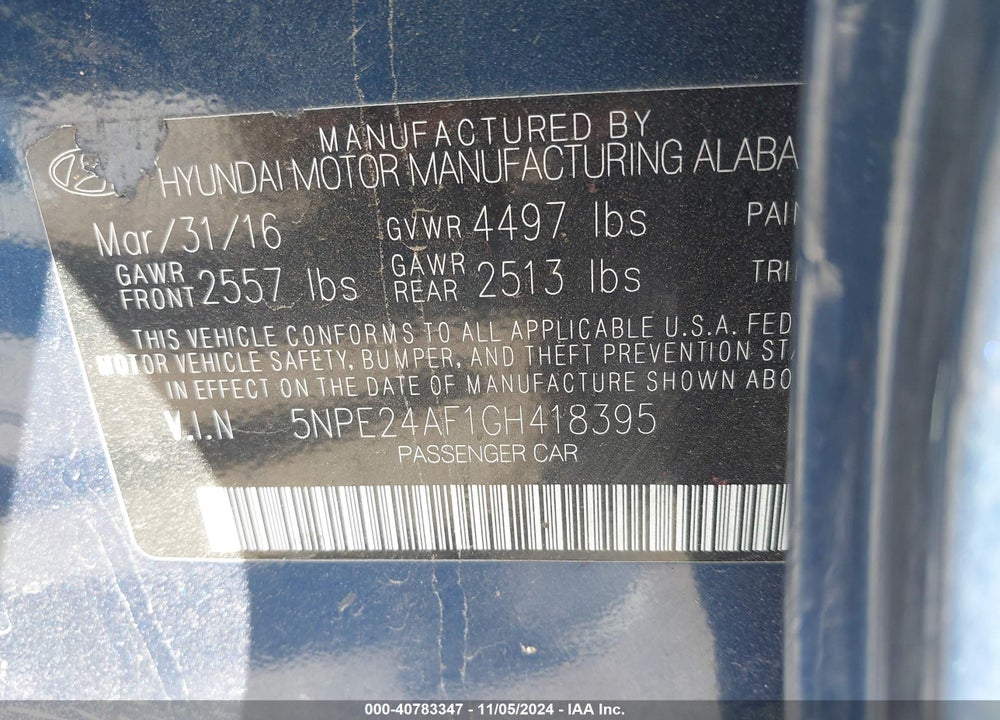 2016 HYUNDAI SONATA VIN: 5NPE24AF1GH418395