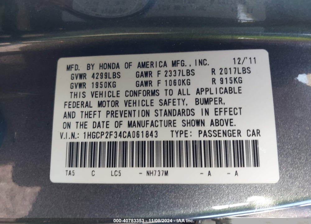 2012 HONDA ACCORD 2.4 LX VIN: 1HGCP2F34CA061843