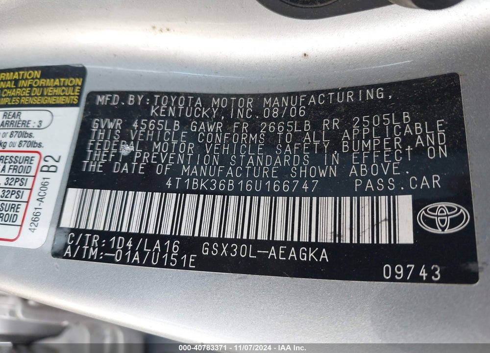 2006 TOYOTA AVALON XLS VIN: 4T1BK36B16U166747