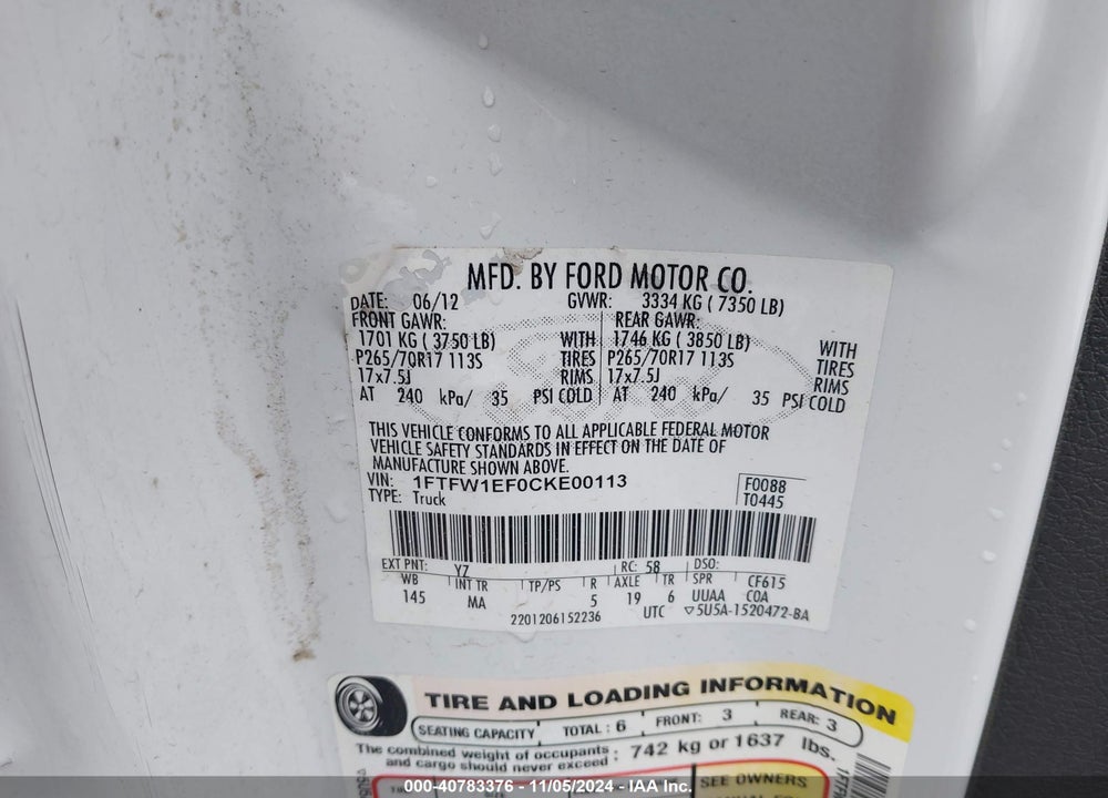2012 FORD F-150 XLT VIN: 1FTFW1EF0CKE00113