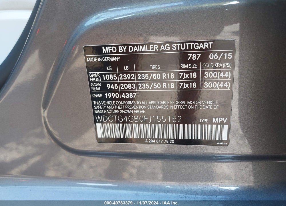 2015 MERCEDES-BENZ GLA 250 4MATIC VIN: WDCTG4GB0FJ155152
