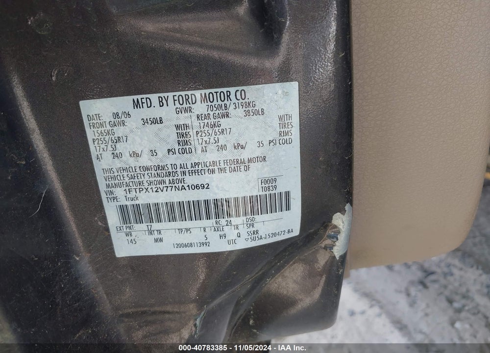 2007 FORD F-150 LARIAT/STX/XL/XLT VIN: 1FTPX12V77NA10692