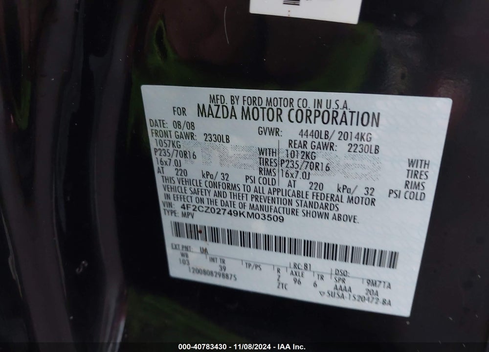 2009 MAZDA TRIBUTE I SPORT VIN: 4F2CZ02749KM03509