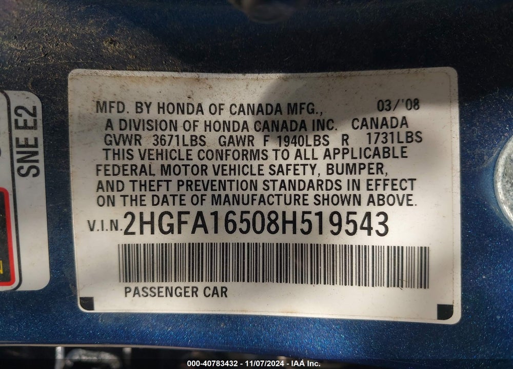 2008 HONDA CIVIC LX VIN: 2HGFA16508H519543
