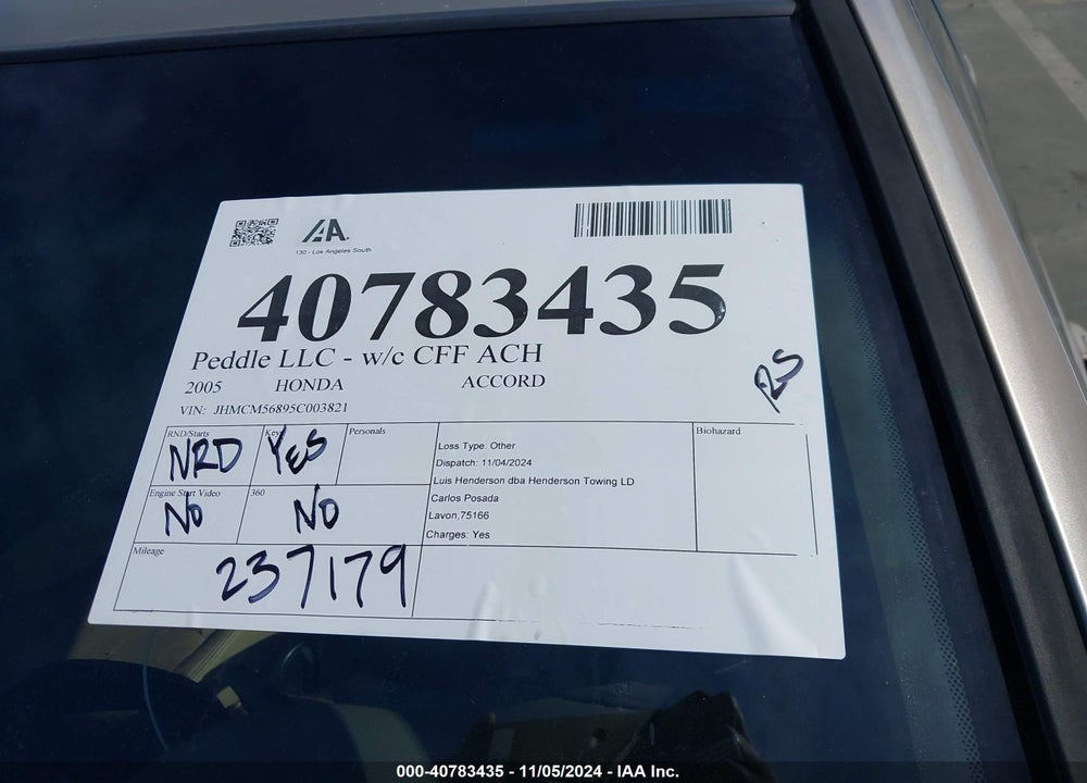 2005 HONDA ACCORD 2.4 EX VIN: JHMCM56895C003821