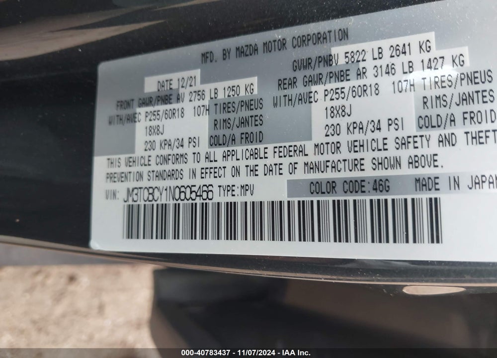 2022 MAZDA CX-9 TOURING VIN: JM3TCBCY1N0605466