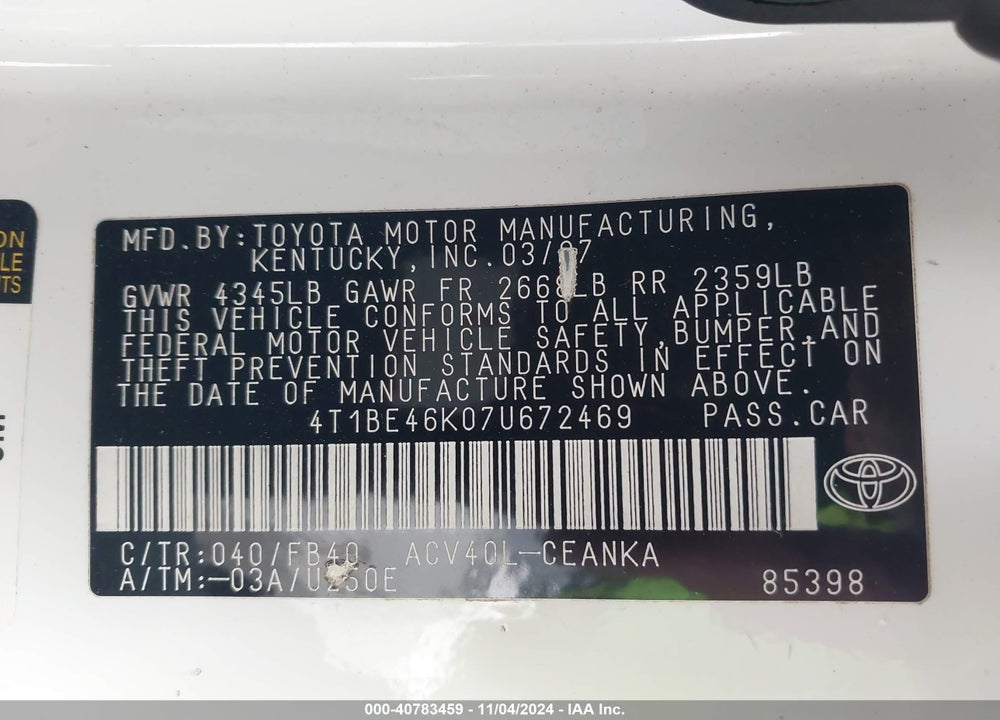 2007 TOYOTA CAMRY LE VIN: 4T1BE46K07U672469