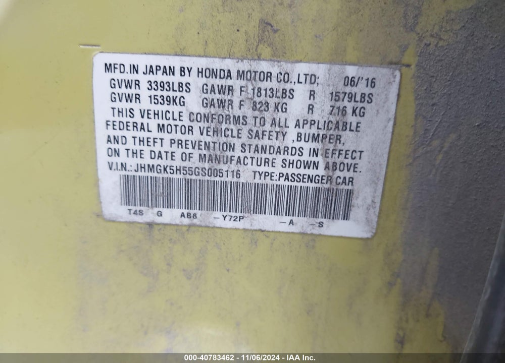 2016 HONDA FIT LX VIN: JHMGK5H55GS005116