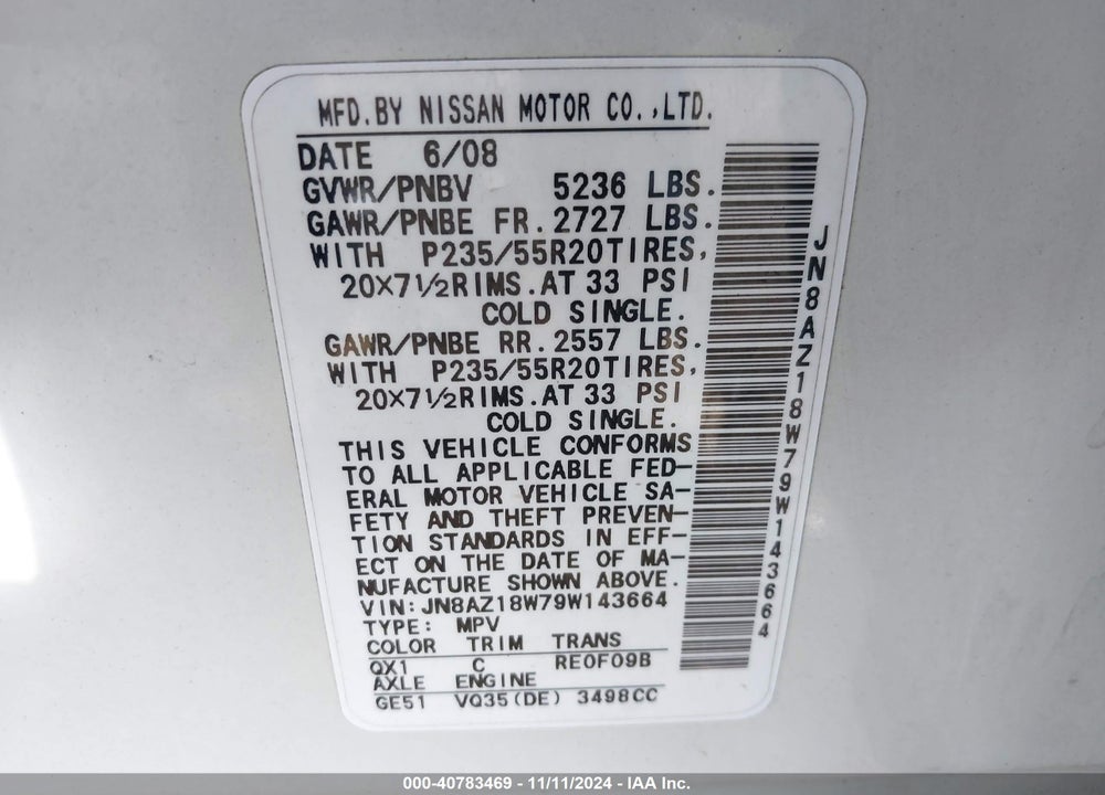 2009 NISSAN MURANO LE VIN: JN8AZ18W79W143664