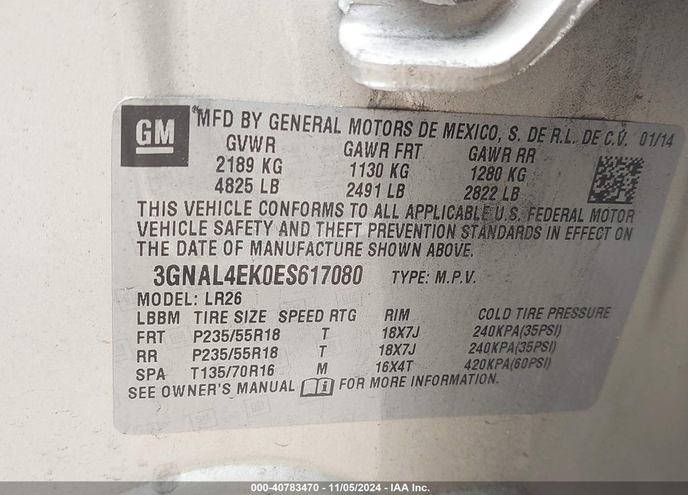 2014 CHEVROLET CAPTIVA SPORT LTZ VIN: 3GNAL4EK0ES617080