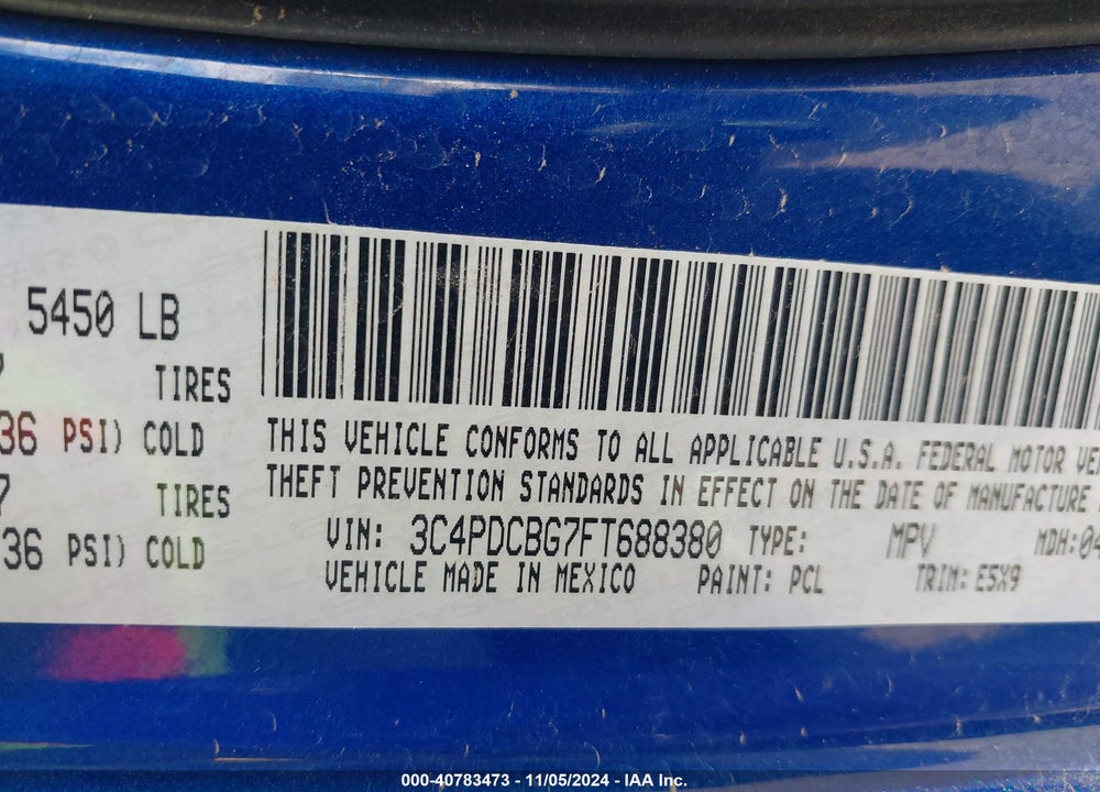 2015 DODGE JOURNEY SXT VIN: 3C4PDCBG7FT688380
