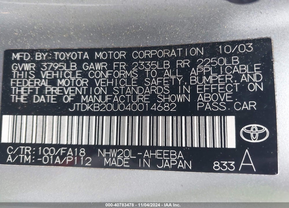 2004 TOYOTA PRIUS VIN: JTDKB20U040014682