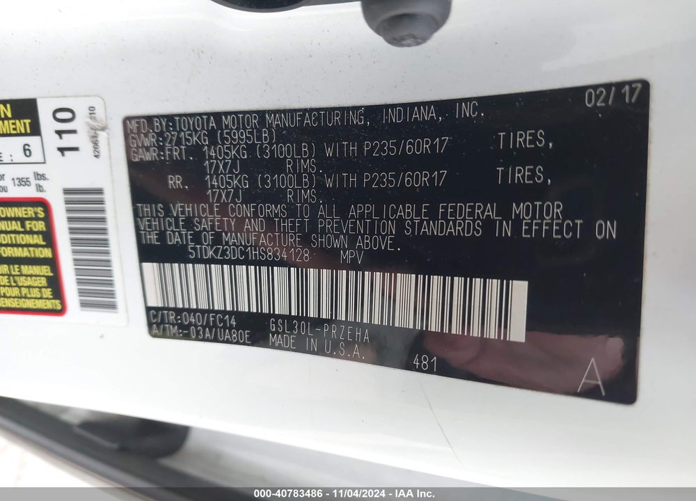 2017 TOYOTA SIENNA LE 8 PASSENGER VIN: 5TDKZ3DC1HS834128