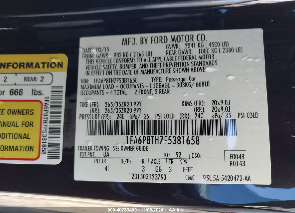 2015 FORD MUSTANG VIN: 1FA6P8TH7F5381658