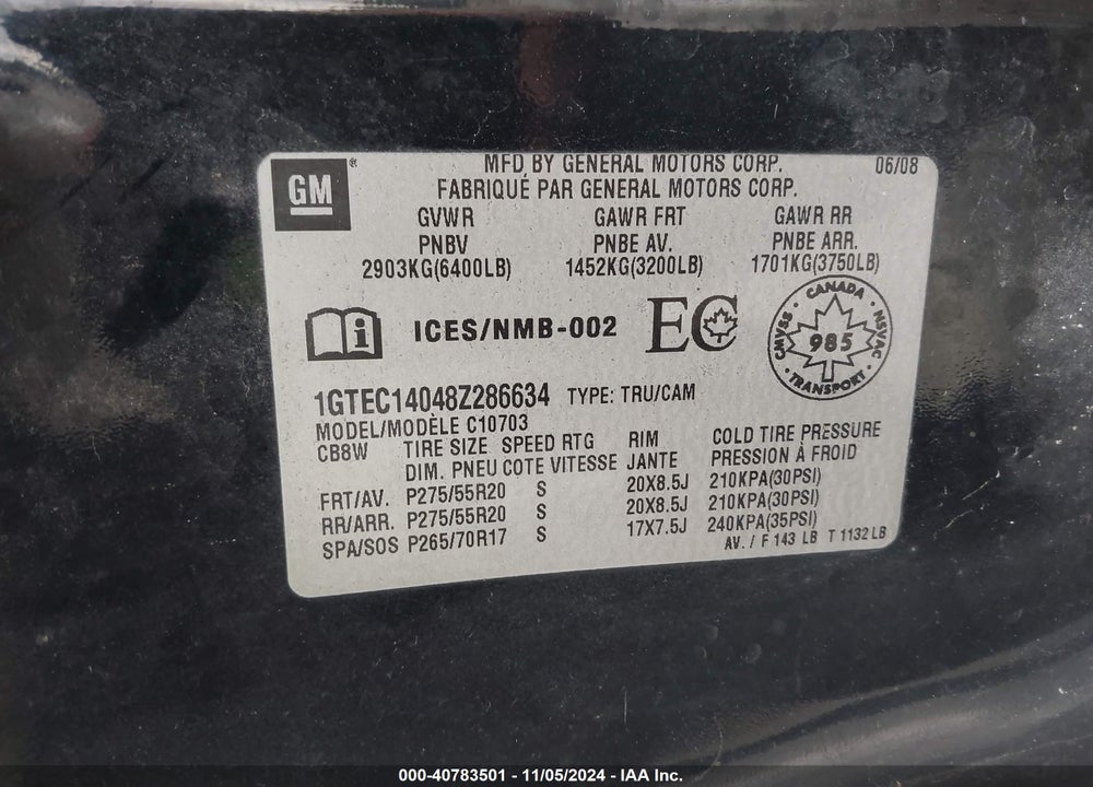2008 GMC SIERRA 1500 SLE1/WORK TRUCK VIN: 1GTEC14048Z286634