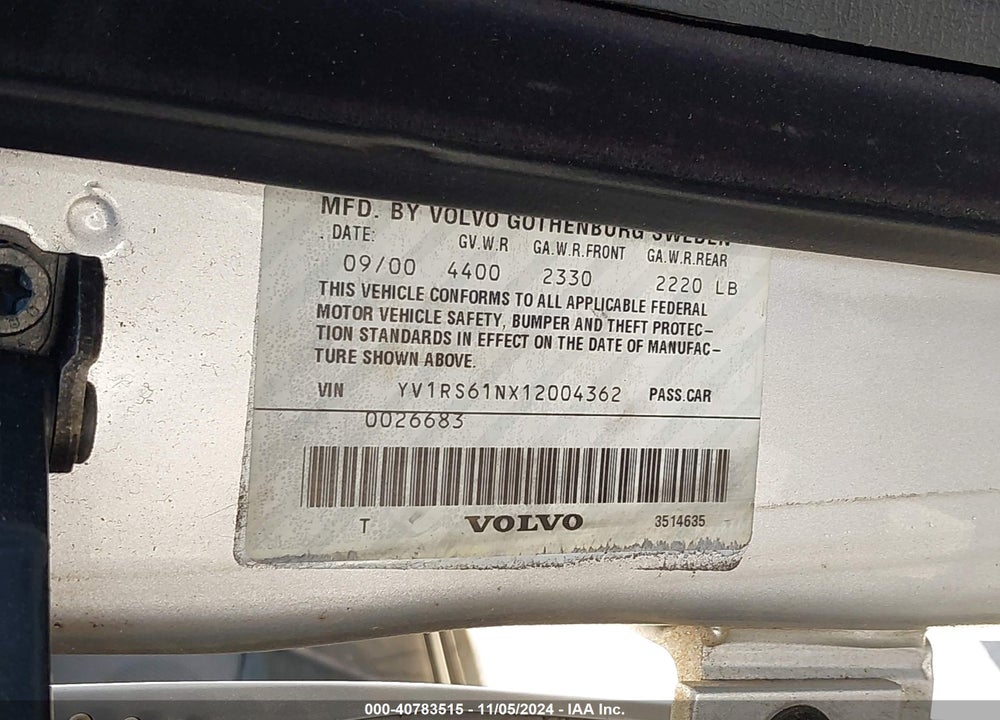 2001 VOLVO S60 2.4 VIN: YV1RS61NX12004362