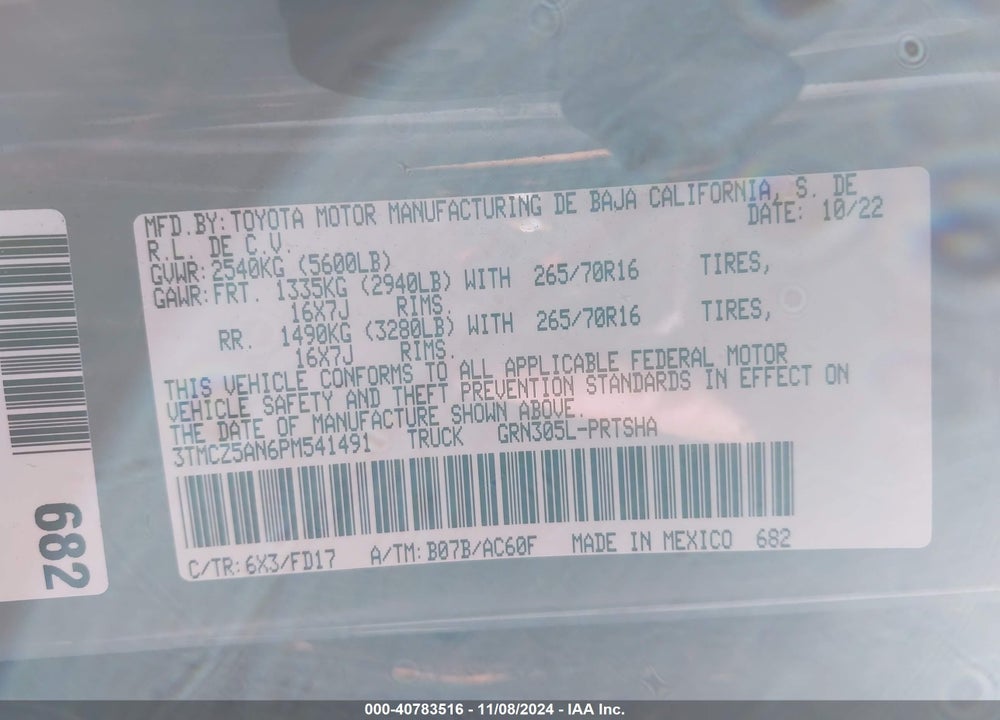 2023 TOYOTA TACOMA TRD OFF ROAD VIN: 3TMCZ5AN6PM541491