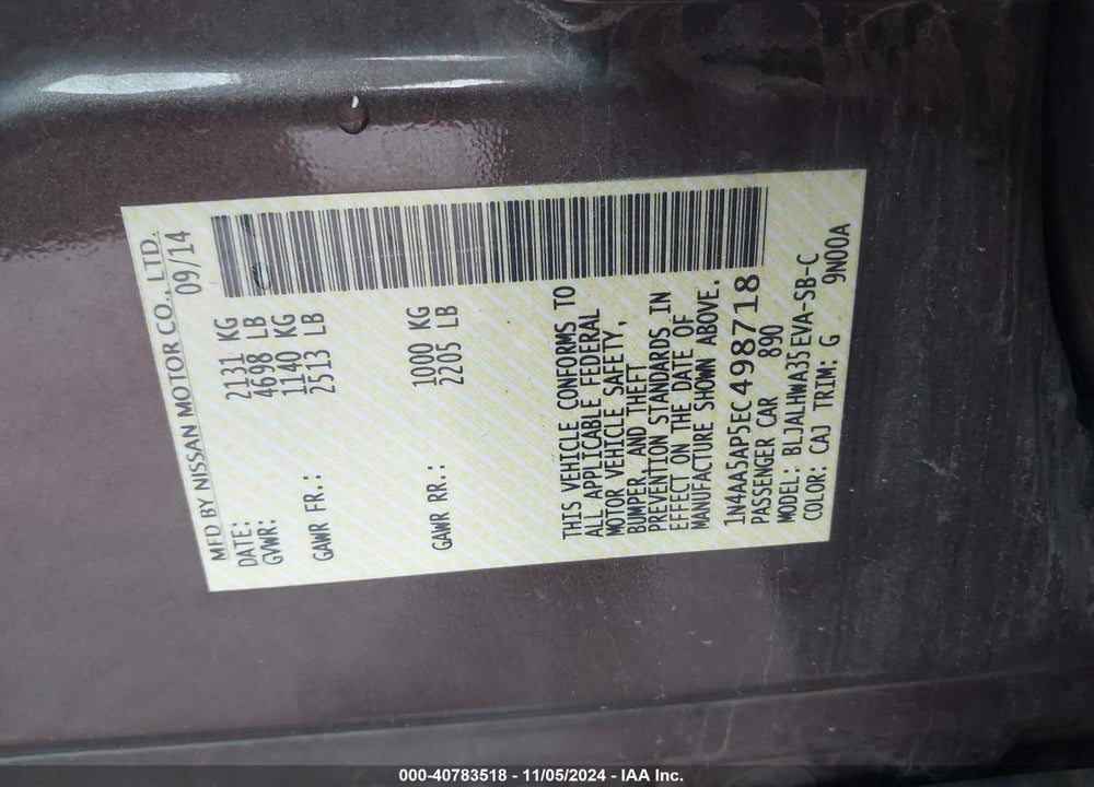 2014 NISSAN MAXIMA VIN: 1N4AA5AP5EC498718