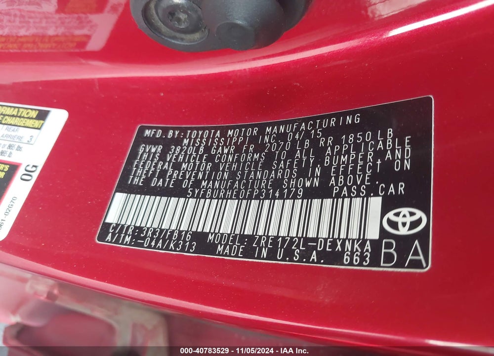 2015 TOYOTA COROLLA L/LE/LE PLS/PRM/S/S PLS VIN: 5YFBURHE0FP314179