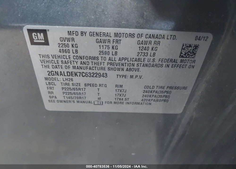 2012 CHEVROLET EQUINOX 1LT VIN: 2GNALDEK7C6322943